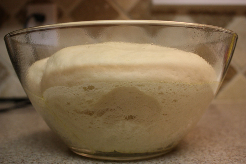 Homemade Pizza Dough - Easy and better than takeout! Best pizza dough recipe, ever. Pizza Dough risen in a glass bowl.