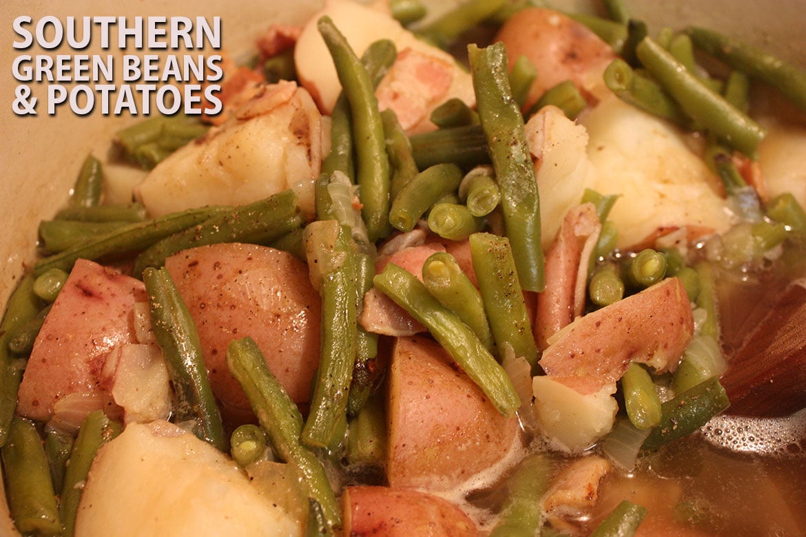 Southern Green Beans and Potatoes - A classic southern dish. Tender green beans and potatoes flavored with smoky bacon and onions.