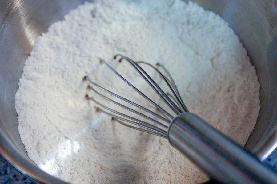 dry ingredients combined in a metal bowl