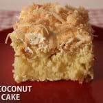 Easy Coconut Sheet Cake slice on a red plate.
