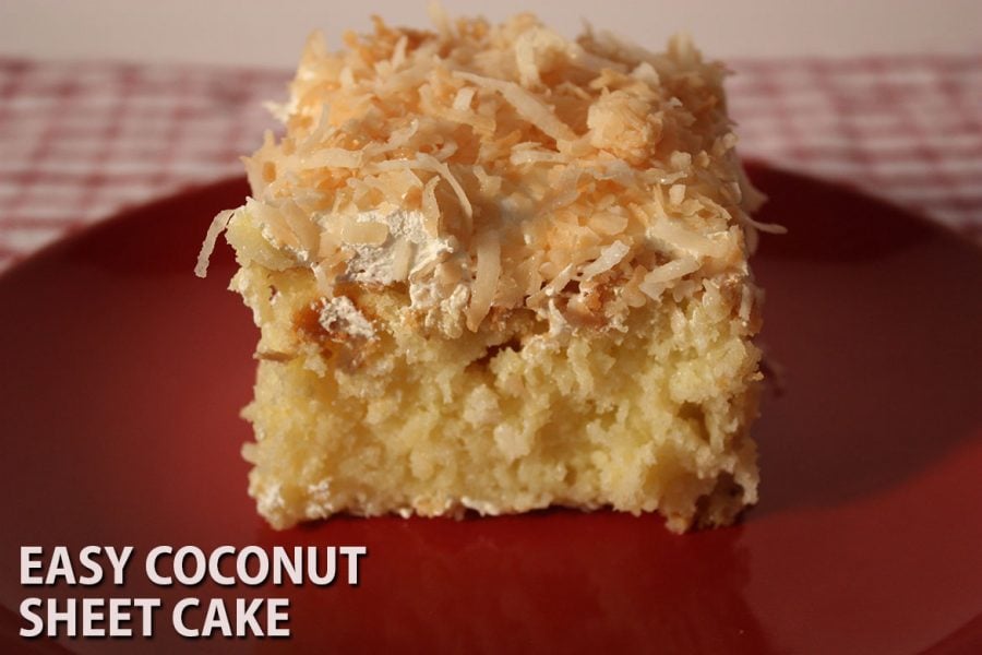 Easy Coconut Sheet Cake slice on a red plate.