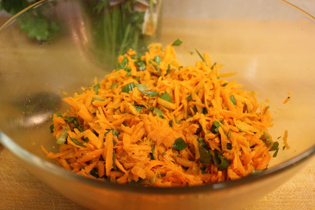 French Carrot Salad in a glass bowl.