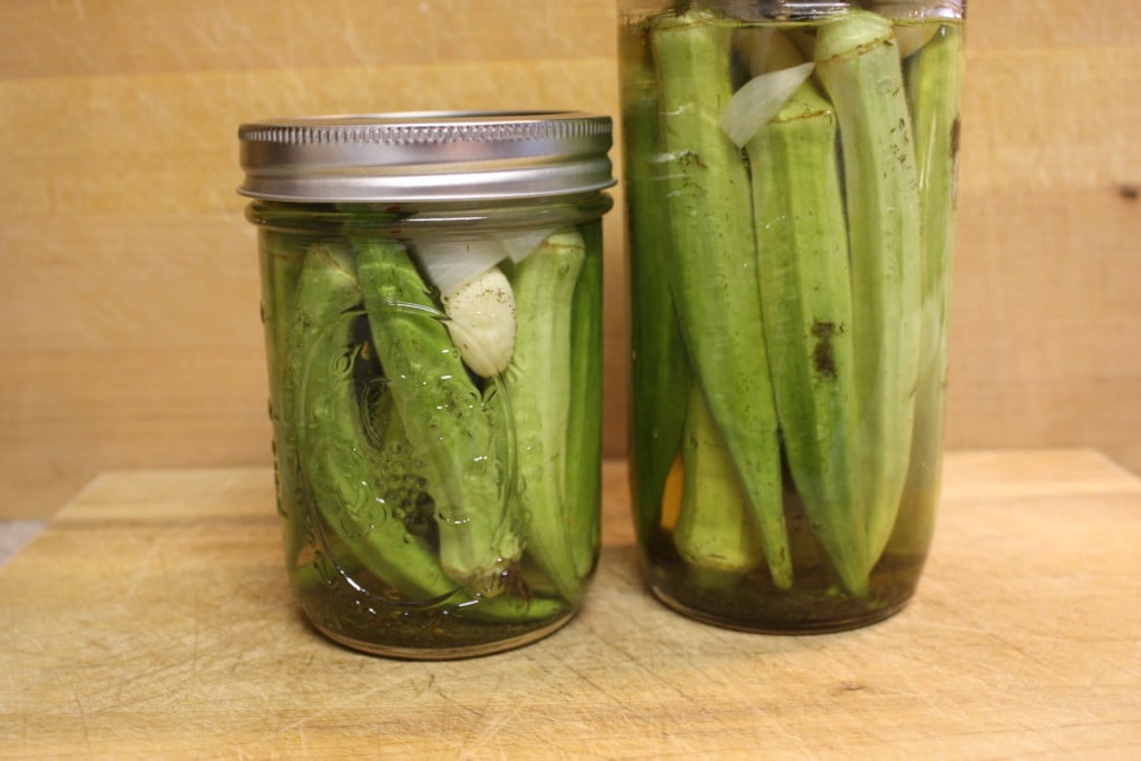 Pickled okra in mason jars.