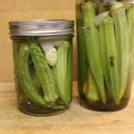 Pickled okra in mason jars.