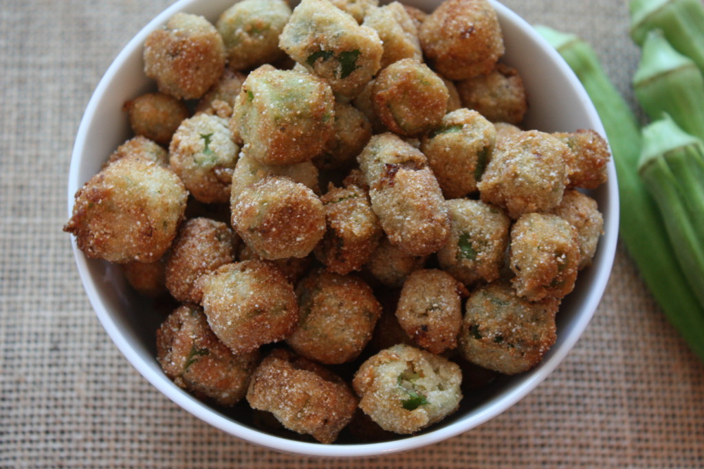Fried okra in a white bowl.