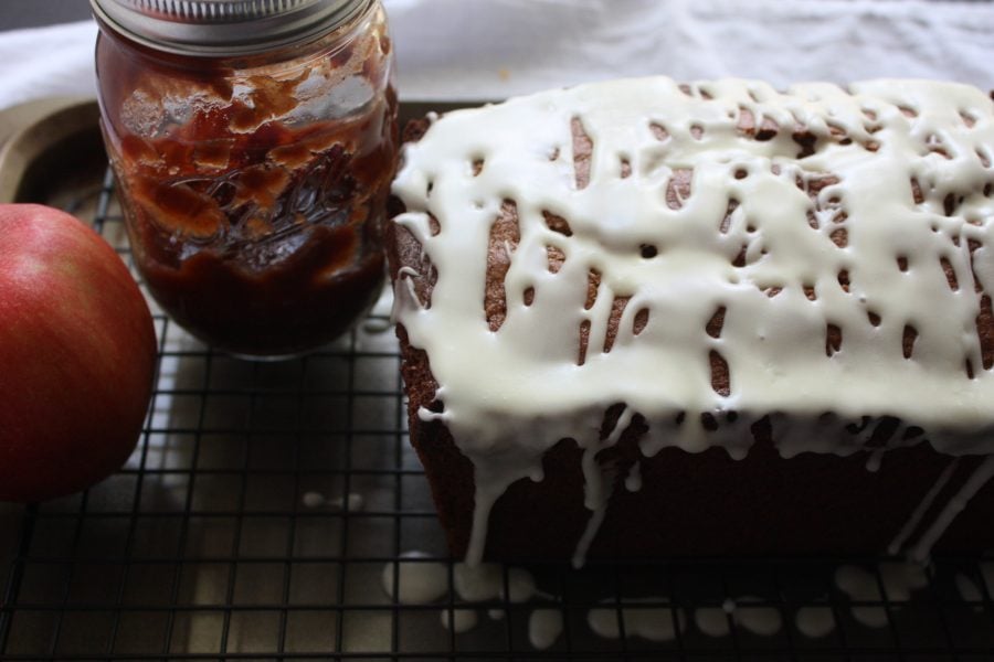 Apple butter bread on a wire rack.