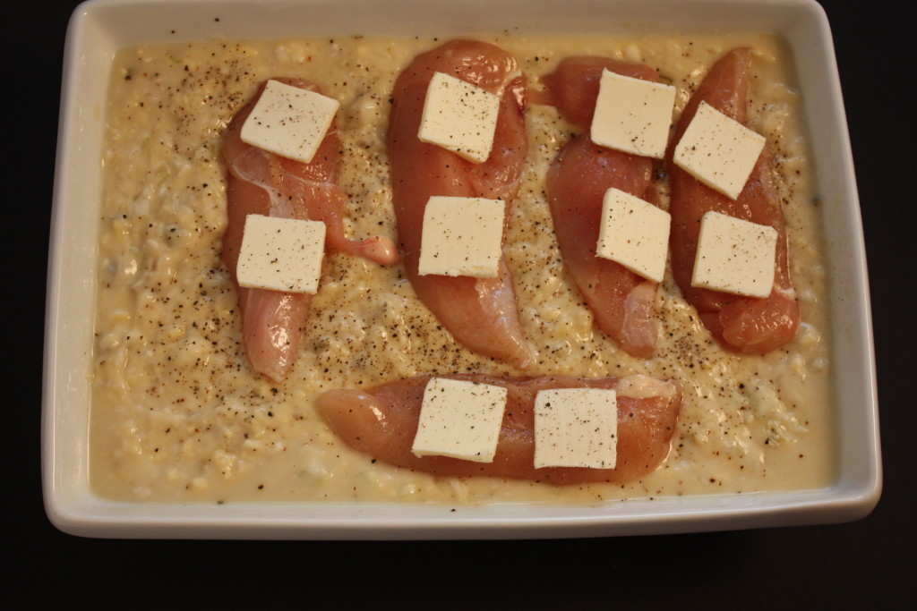 Ingredients in a white casserole dish.