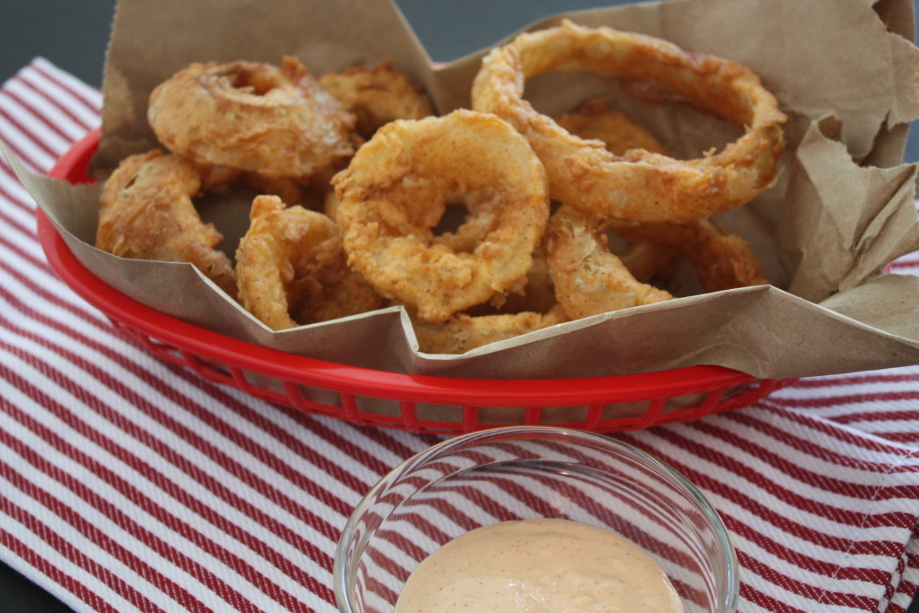 Onion rings in a red basket