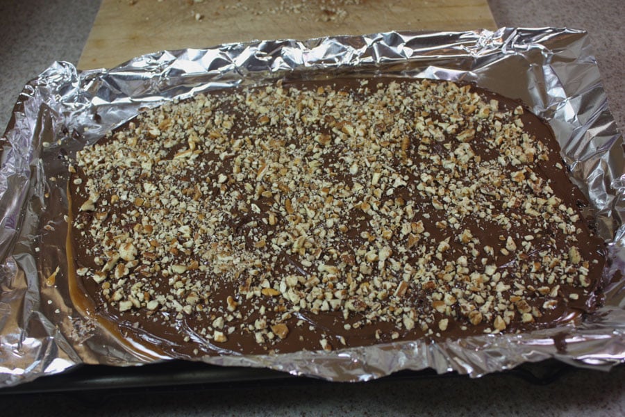 English toffee in a foil lined baking sheet.