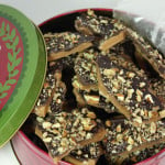 Homemade toffee in a cookie tin.