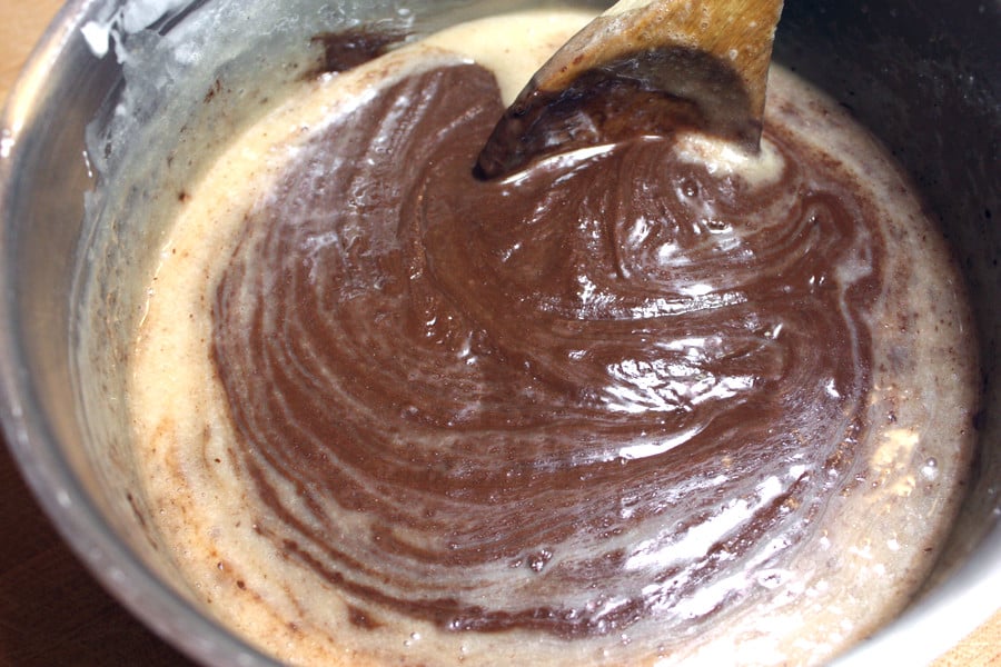 Fudge ingredients cooking in a sauce pan.