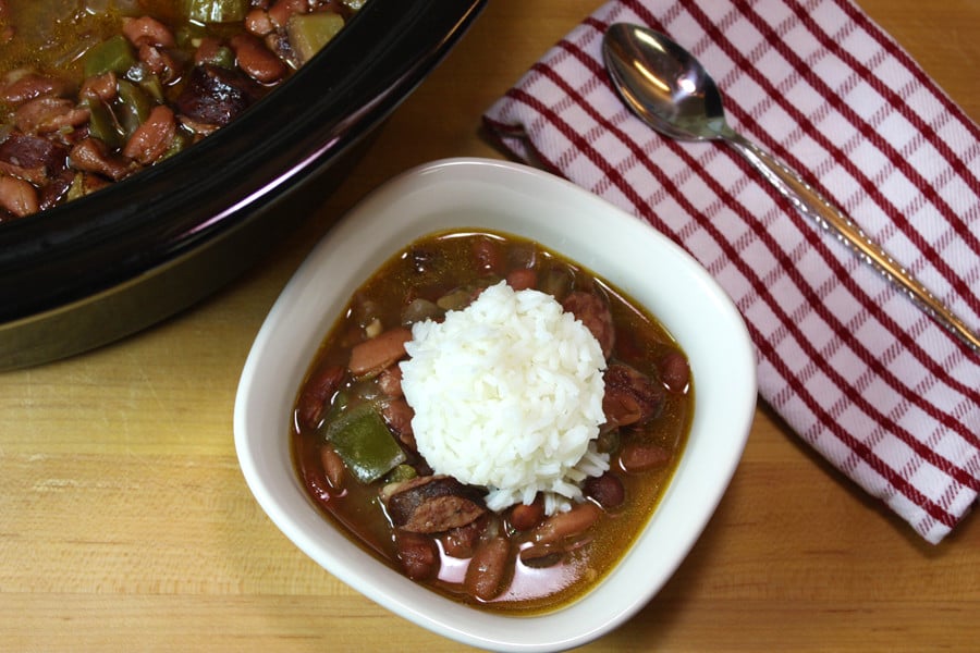 Rice and beans in a white bowl