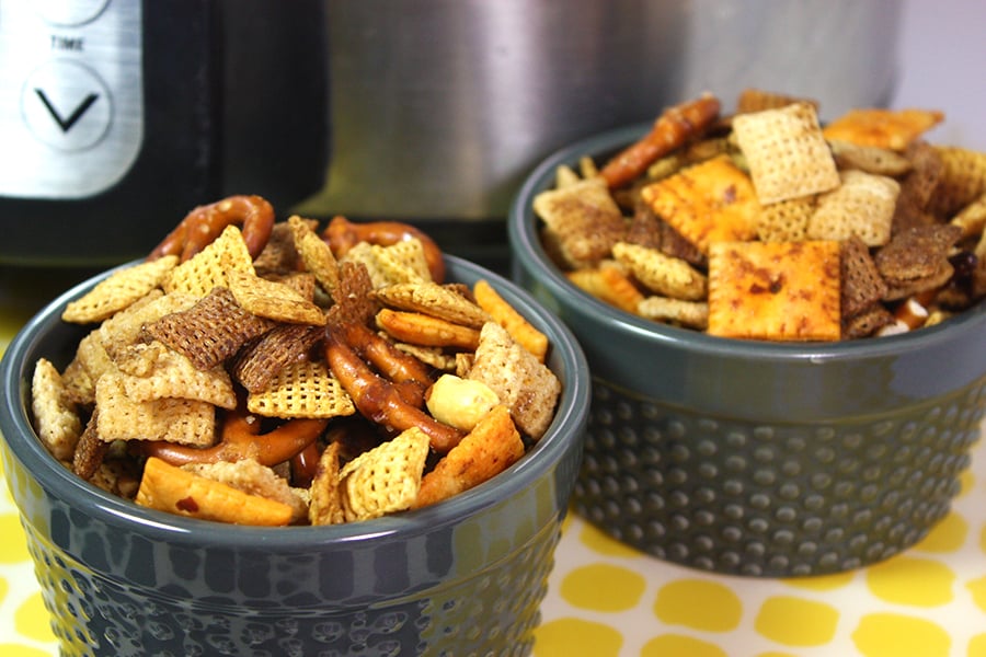 Slow Cooker Chex Mix in two gray ramekins.