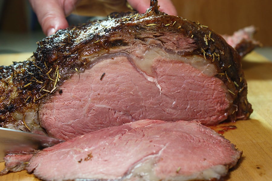 Prime Rib sliced, with a lovely pink interior.