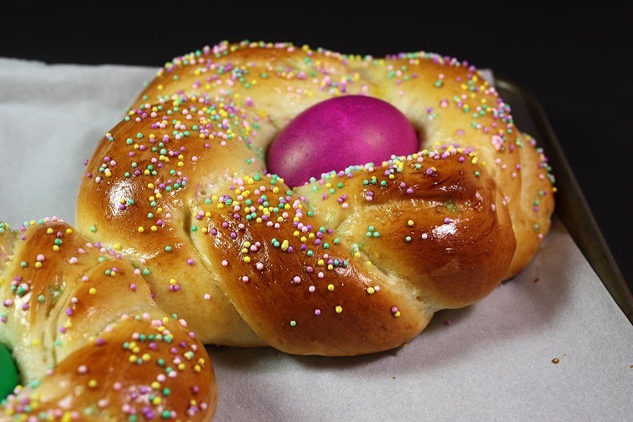 Italian Easter bread on a baking sheet.