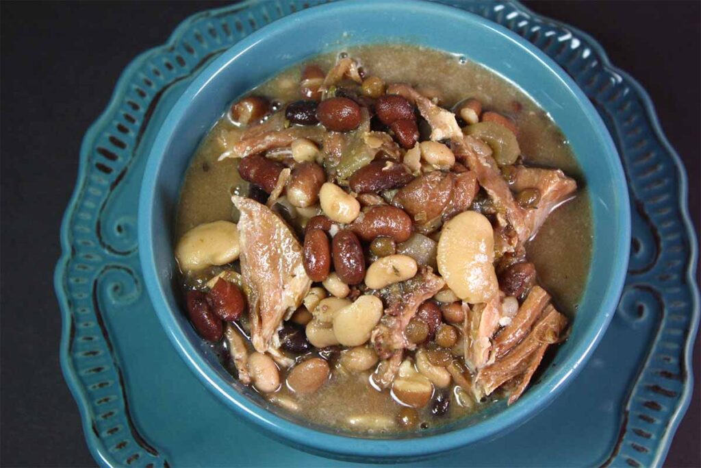 15 bean soup in a blue bowl.