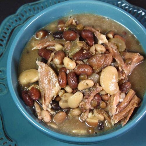 15 bean soup in a blue bowl.