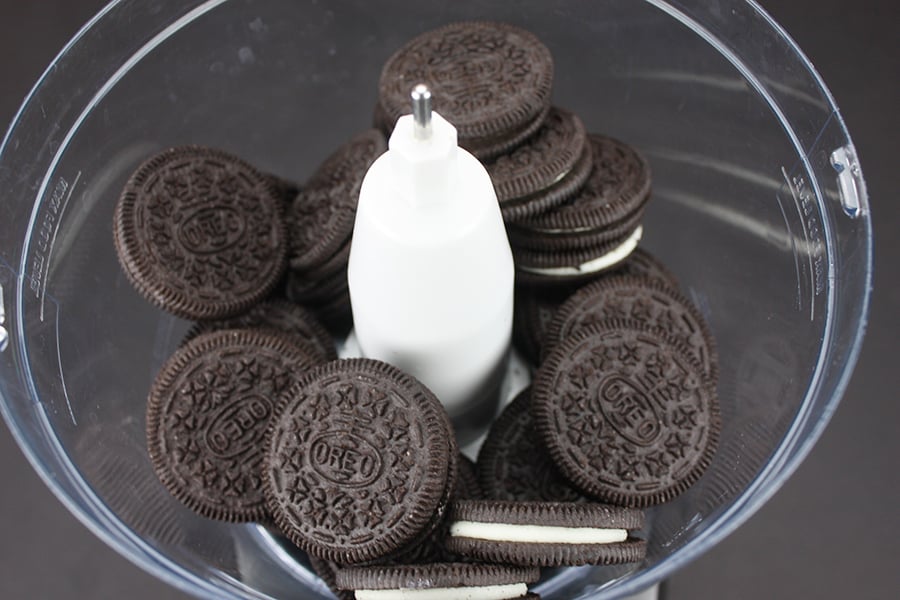 Butterfinger Pie - whole Oreo cookies in the bowl of a food processor