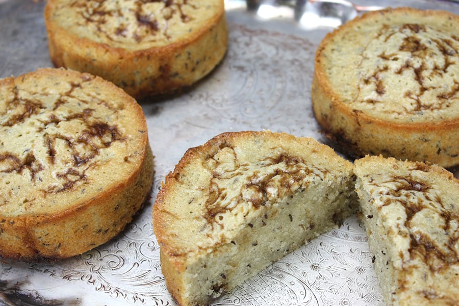 Seed cakes on a silver serving platter.