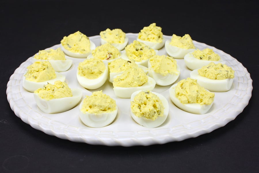 Classic Deviled Eggs on a white deviled egg plate.