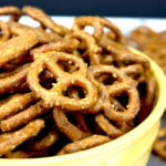 Honey mustard pretzels in a yellow bowl.