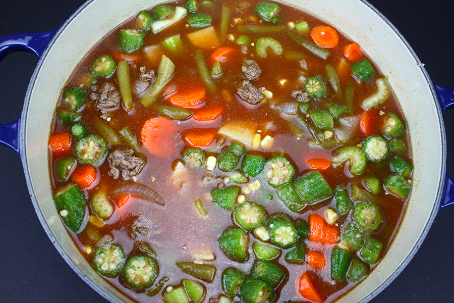 Soup ingredients in a dutch oven.