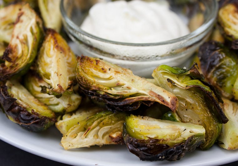 Roasted Brussel Sprouts with Aioli Dipping Sauce - Crispy outside, tender inside and perfect with the aioli!