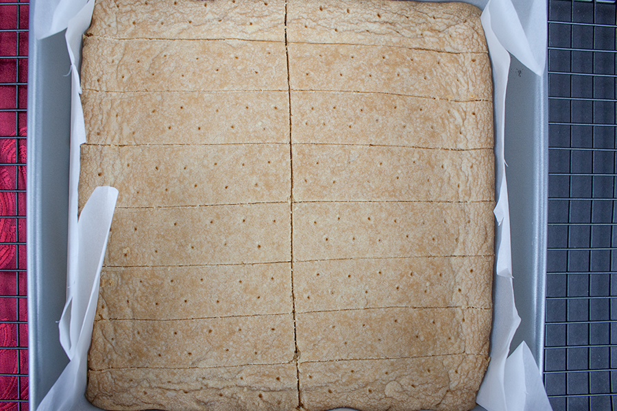 Baked classic shortbread cookies in the baking pan.