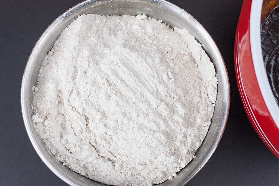 Dry ingredients mixed together in a metal bowl.