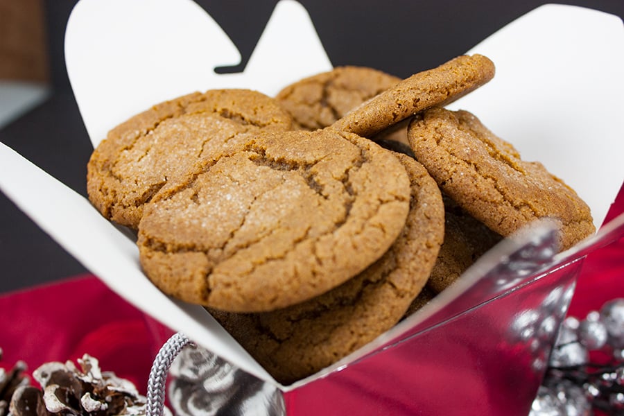 Old Fashioned Molasses Cookies in an open Christmas gift box.