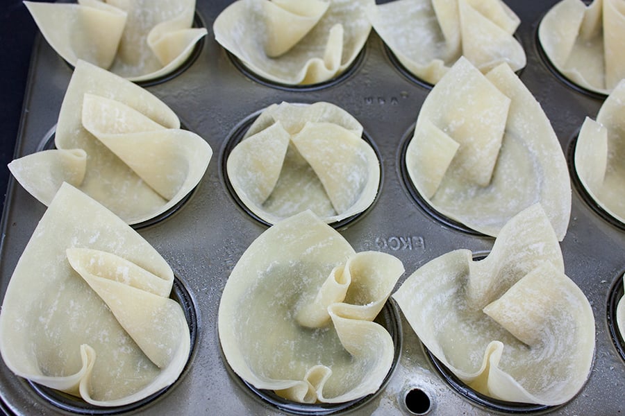 Spinach Artichoke Cups - wontons placed in a mini muffin pan