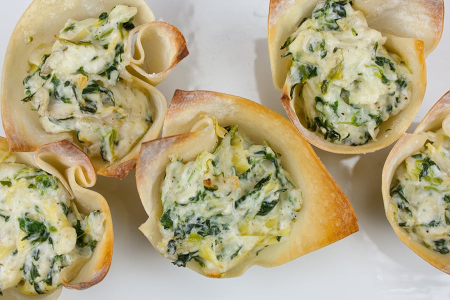 Spinach artichoke cups in baked won ton wrappers.