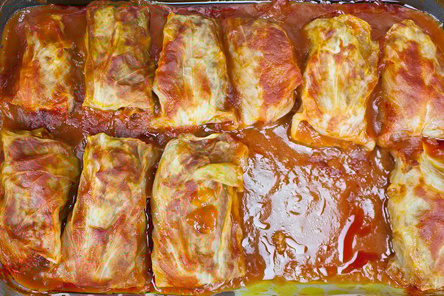 baked Cabbage Rolls in a glass baking dish