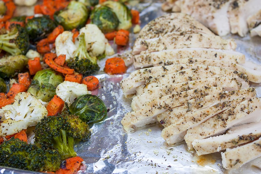 Sheet pan chicken and vegetables on a foil lined baking pan.