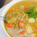 Vegan Split Pea Soup in a white bowl.