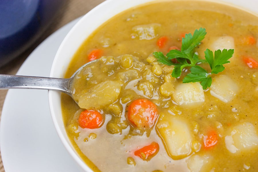 Vegan Split Pea Soup in a white bowl.