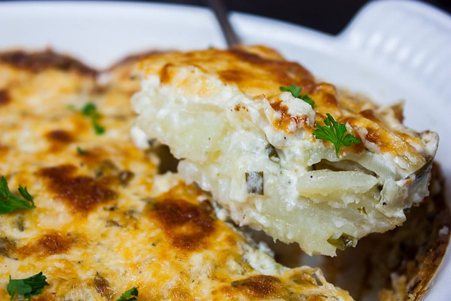 Creamy Herb Potatoes Gratin being served out of a white casserole dish.