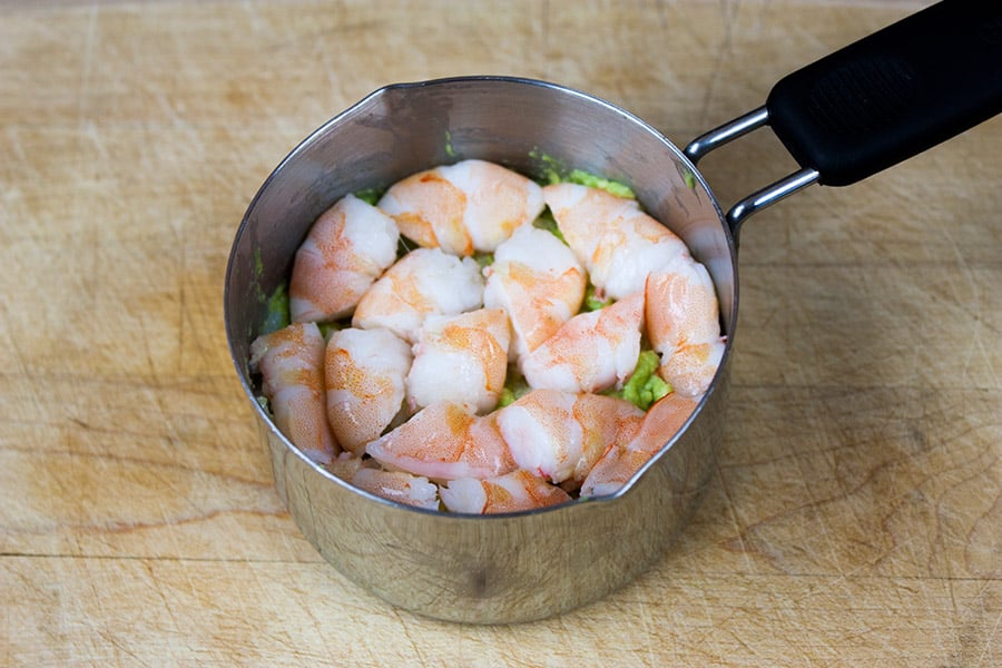 Spicy Shrimp Sushi Stack - shrimp layered in a metal measuring cup