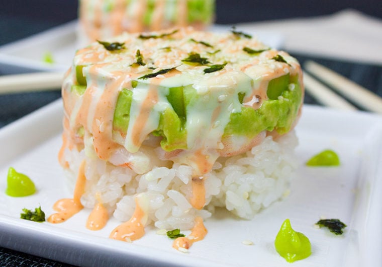 Spicy Shrimp Sushi Stack - The sauces take this sushi to another level! So easy to satisfy your sushi craving at home!