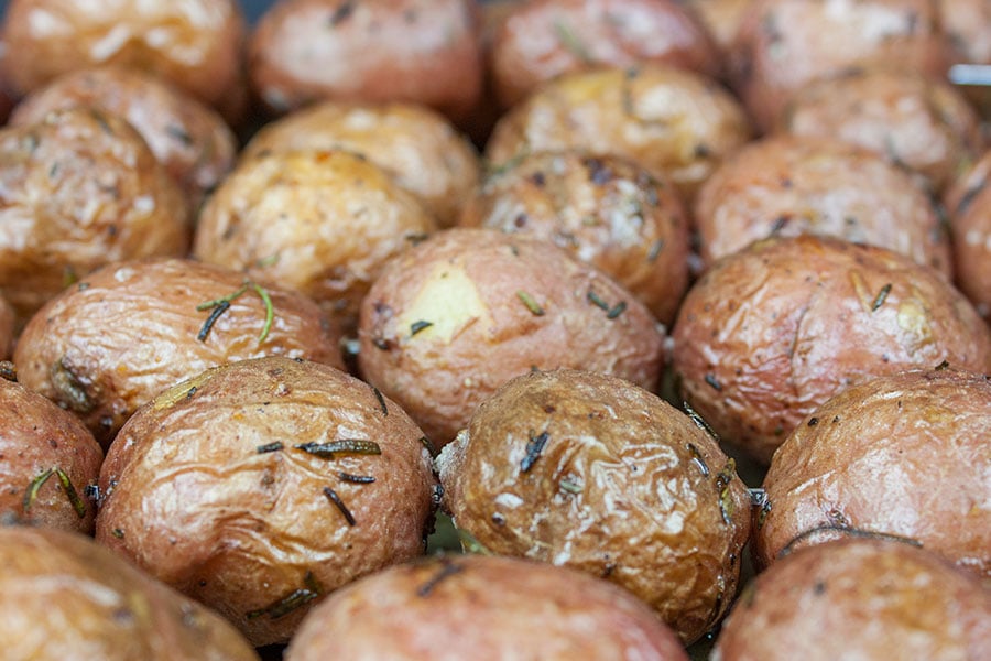 Rosemary Garlic Grilled Baby Potato Skewers on the grill.