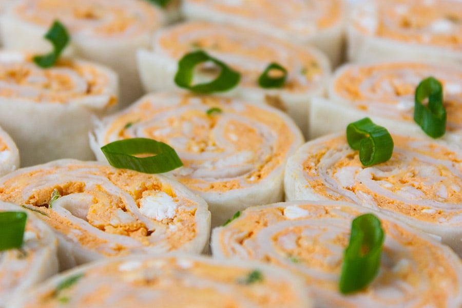 closeup of Buffalo Chicken Pinwheels