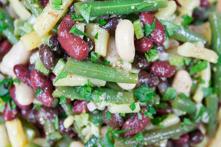 closeup of the Five Bean Salad in a glass mixing bowl