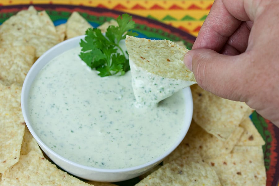 Creamy Jalapeno Cilantro Dip in a serving bowl surrounded with tortilla chips.