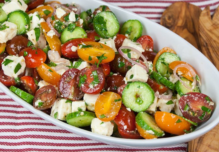 Tomato Cucumber Feta Salad - The best tomato cucumber feta salad ever! A quick, fresh, light, crunchy, flavorful and addictive salad!