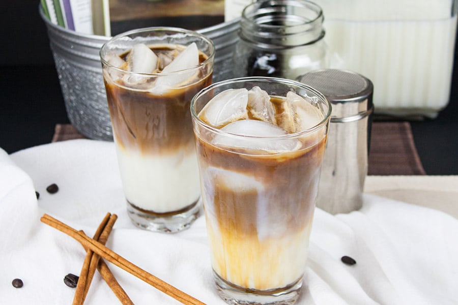 Iced Cinnamon Macchiato on a white table cloth