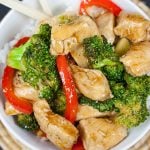 Easy Chicken and Broccoli Stir Fry in a white bowl.