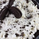 No Bake Cookies and Cream Pie in a glass pie pan.