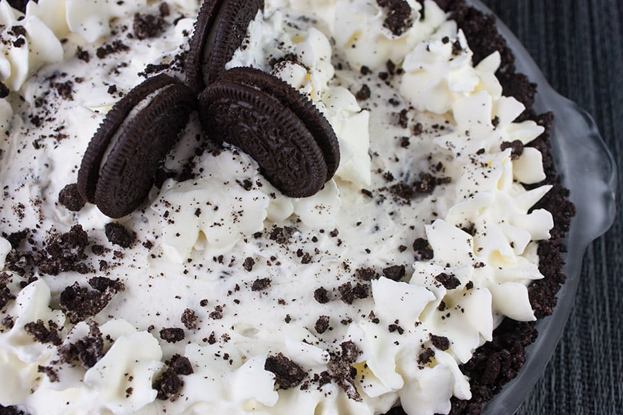 No Bake Cookies and Cream Pie in a glass pie pan.