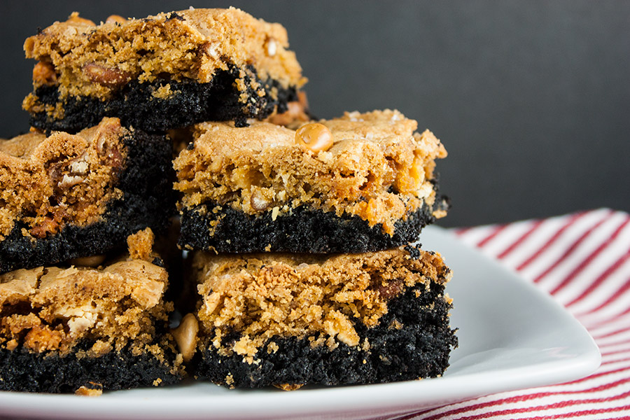 Salted Butterscotch Pretzel Brookies - Dark chocolate brownie topped with butterscotch pretzel cookie. The best of both worlds all in one bar!