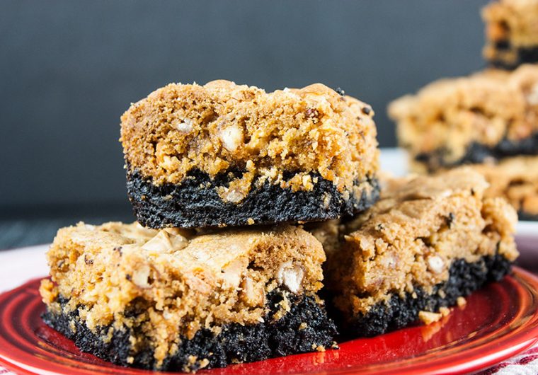 Salted Butterscotch Pretzel Brookies - Dark chocolate brownie topped with butterscotch pretzel cookie. The best of both worlds all in one bar!